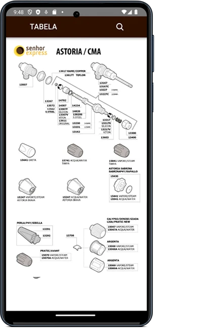 Tela do app OrigginGo com tabela de peças